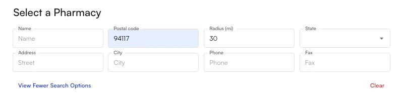 Expanded pharmacy search options showing name, postal code, radius, state, address, city, phone, and fax filters