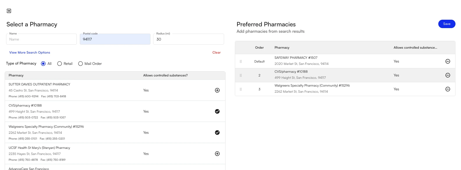 Pharmacy search results alongside a Preferred Pharmacies list showing ordered, removable pharmacies on the patient chart