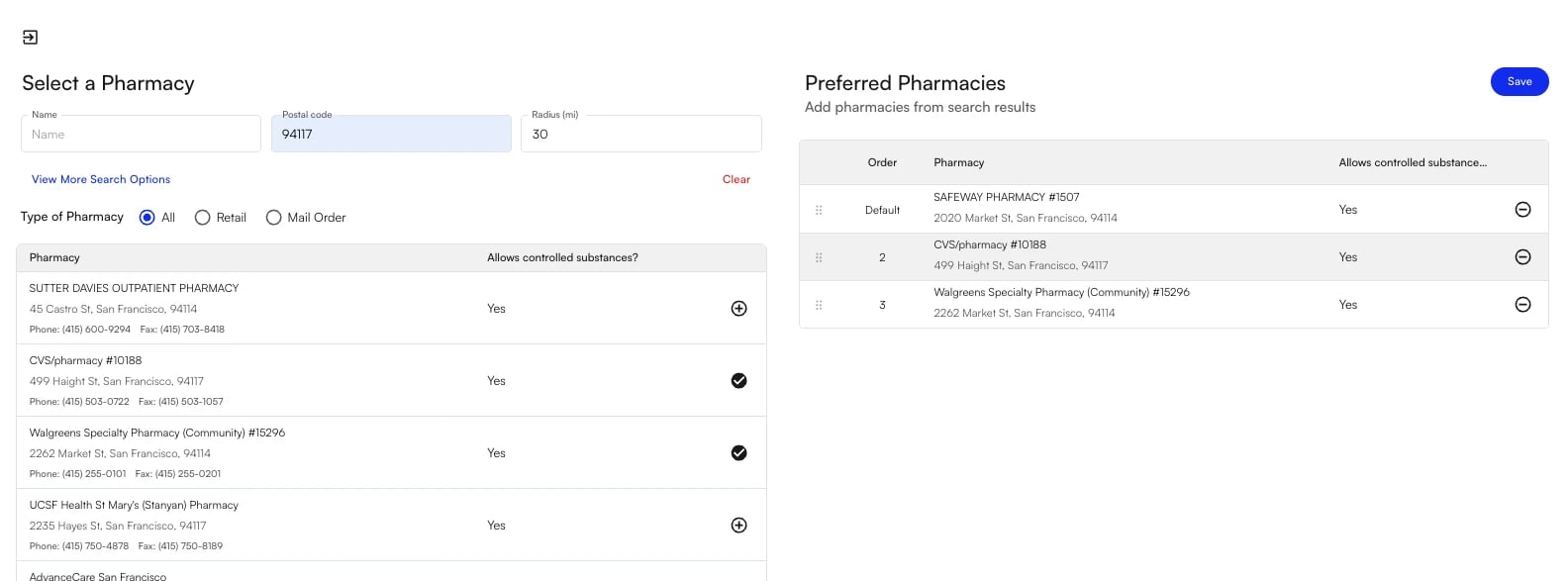 Pharmacy search results alongside a Preferred Pharmacies list showing ordered, removable pharmacies on the patient chart