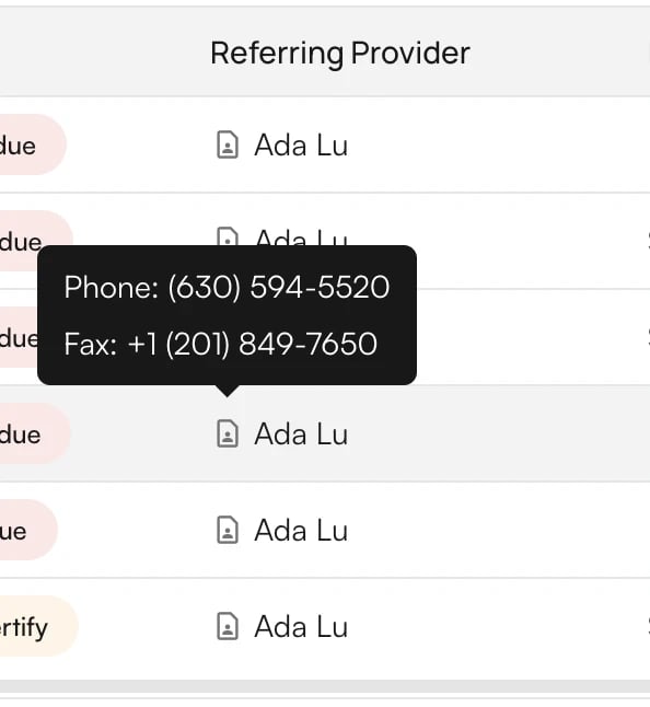 Referring Provider Contact Tooltip Referring Provider column showing a hover tooltip with the physician's phone and fax number