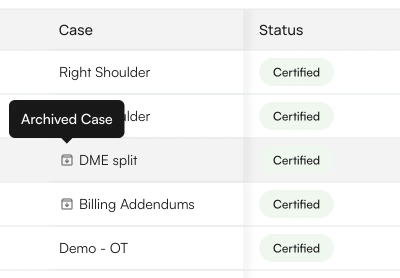 Case column showing the archive icon and tooltip used for discharged cases