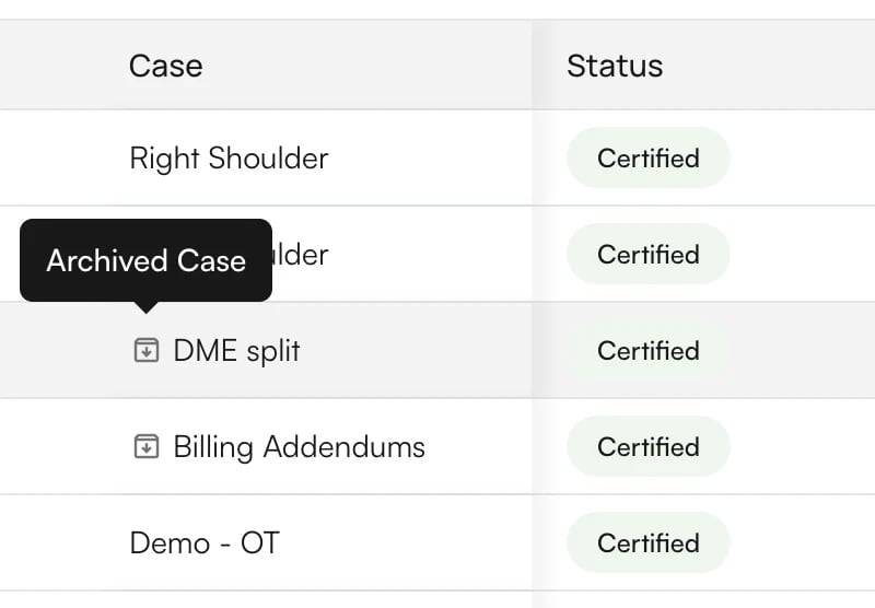 Archived Case Indicator Case column showing the archive icon and tooltip used for discharged cases