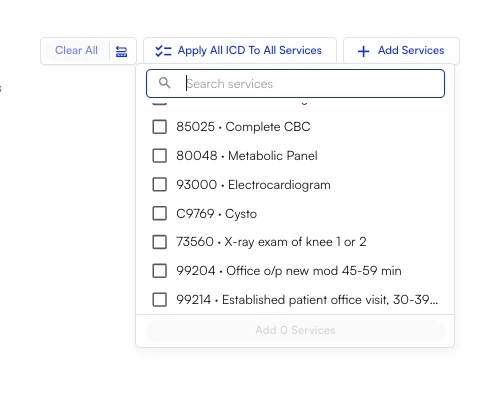 Service picker open with a search field and a checkbox list of services