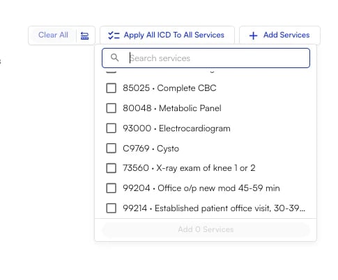 Service picker open with a search field and a checkbox list of services