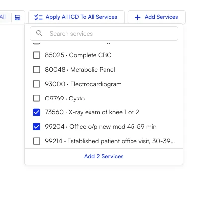 Two services checked in the picker with the Add 2 Services button active