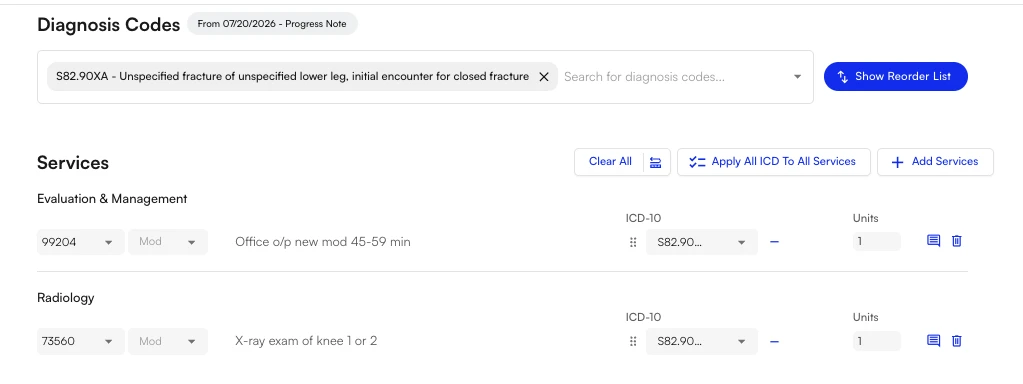 Services rows auto-populated with the diagnosis code from the Diagnosis Codes section above