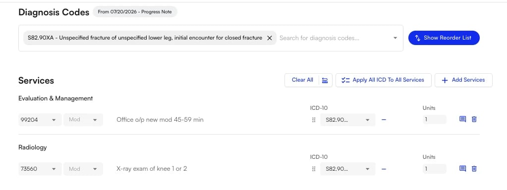 Services rows auto-populated with the diagnosis code from the Diagnosis Codes section above