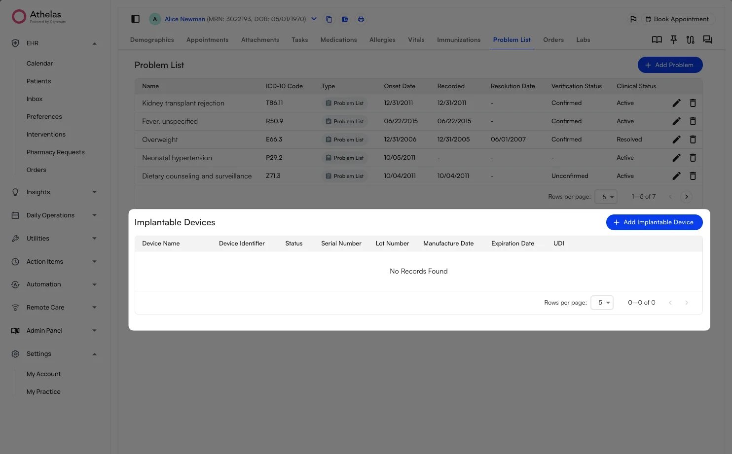 Problem List tab with the Implantable Devices section