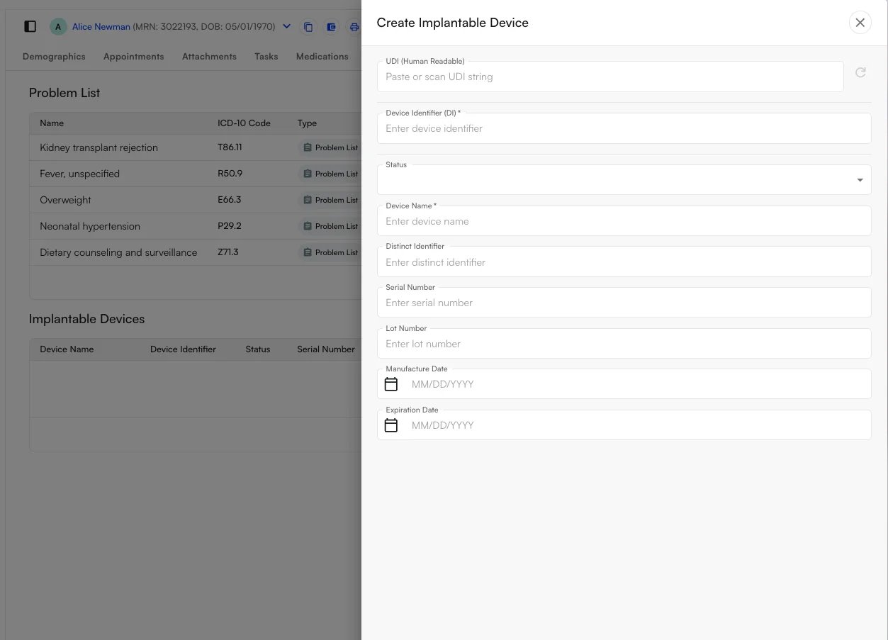 Create Implantable Device panel Create Implantable Device panel with the UDI lookup field