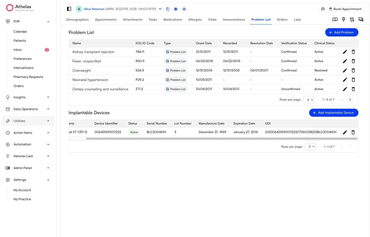 Implantable Devices table scrolled right to show the edit and delete icons