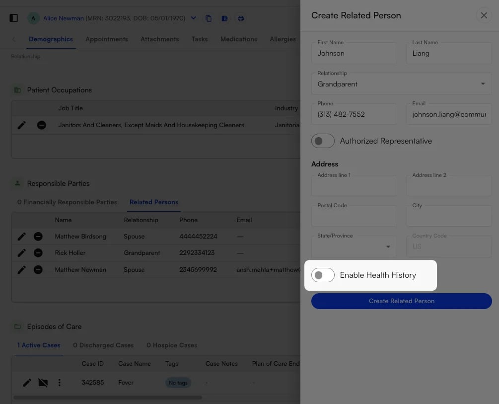 Create Related Person panel Create Related Person panel with the Enable Health History toggle