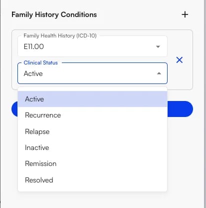Clinical Status options Clinical Status dropdown showing the six available statuses