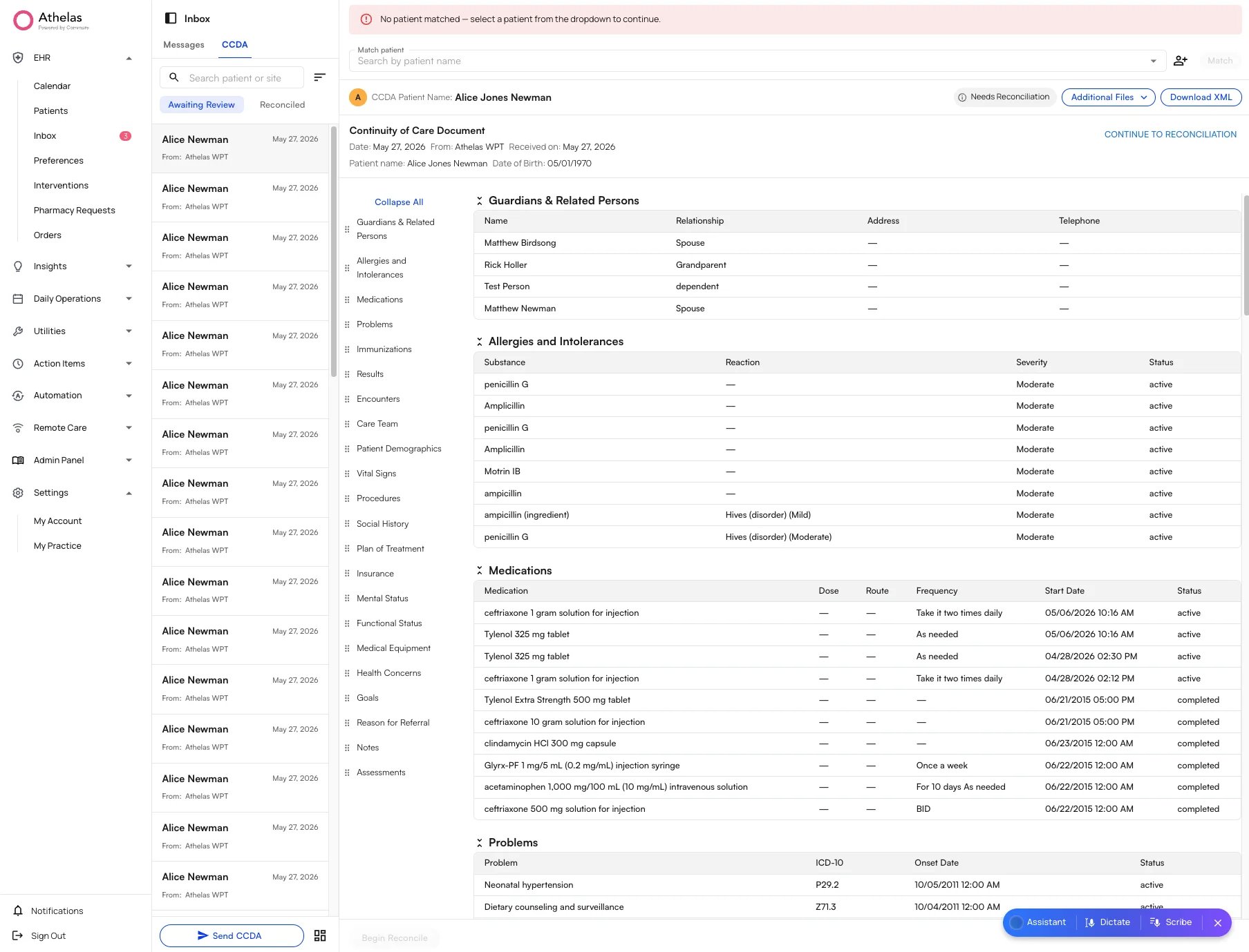 The CCDA tab in the Inbox showing the site-wide list and document view