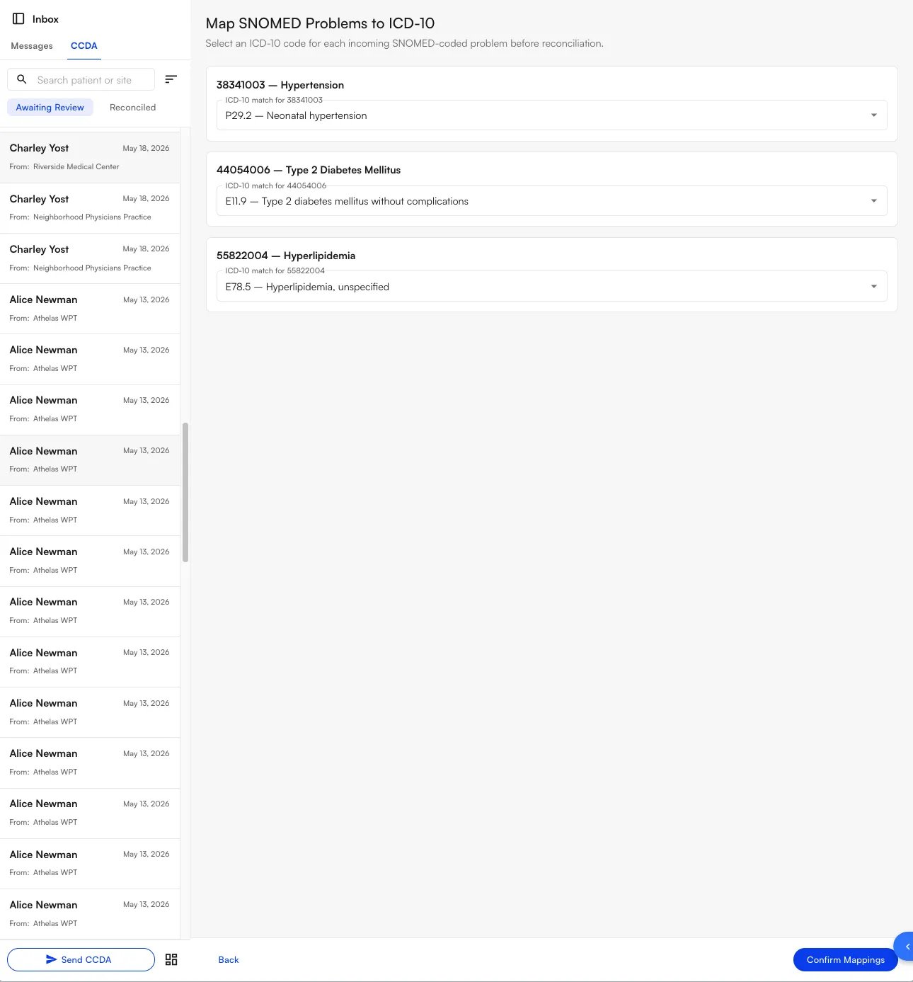 Every problem mapped to an ICD-10 code, with the Confirm Mappings button enabled