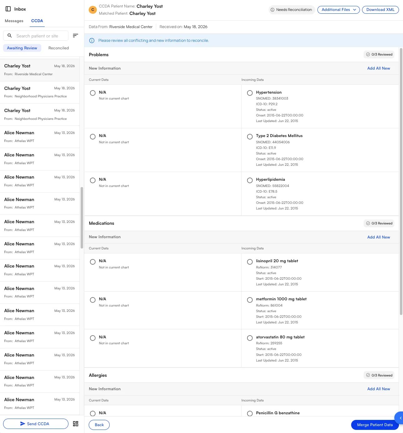 The reconciliation screen showing current chart data beside incoming data for Problems, Medications, and Allergies