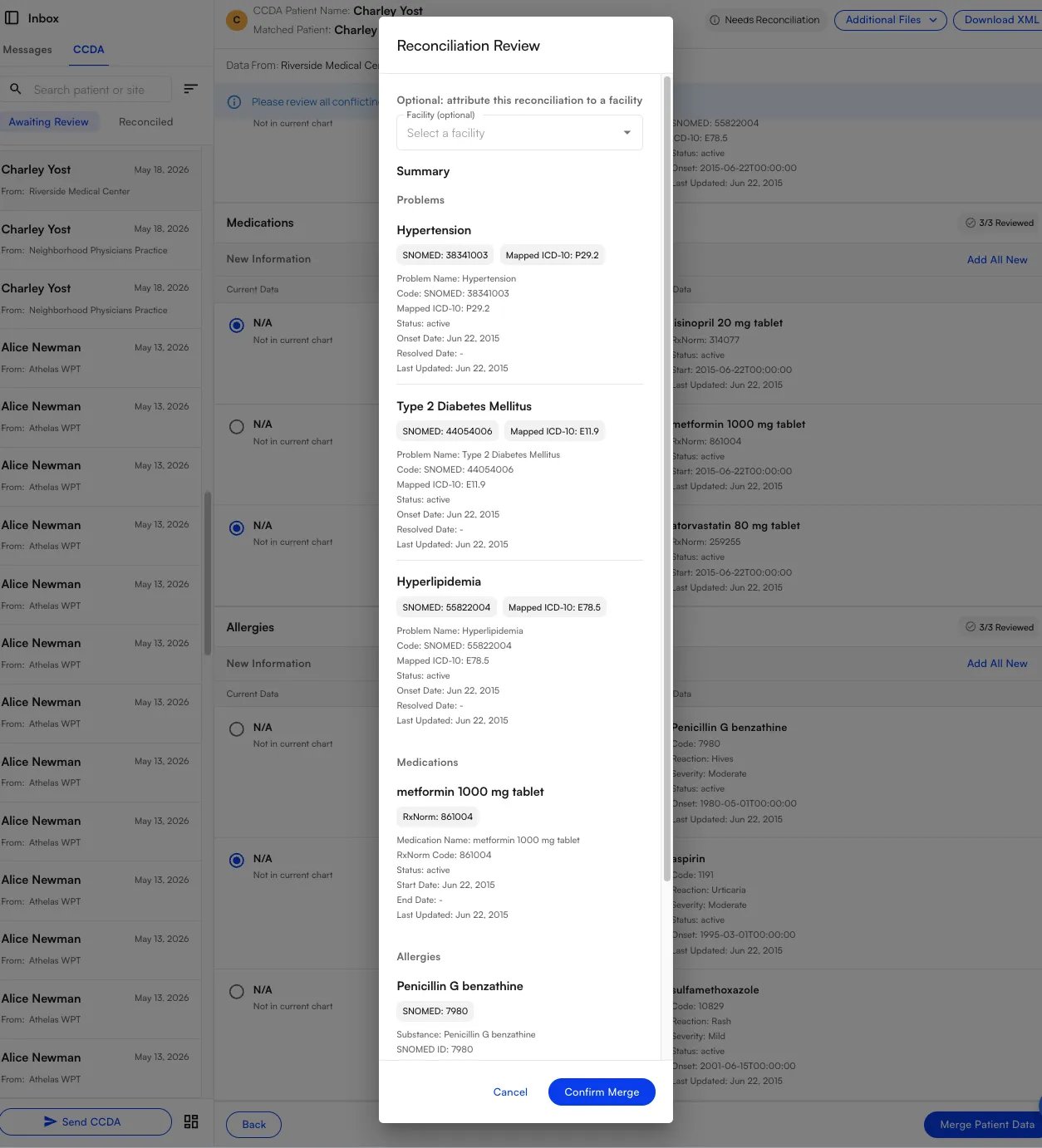 The Reconciliation Review window with the optional facility selector and the final summary of merged data