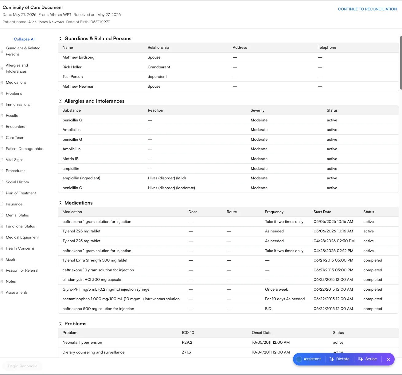 The Continuity of Care Document view with its clinical sections