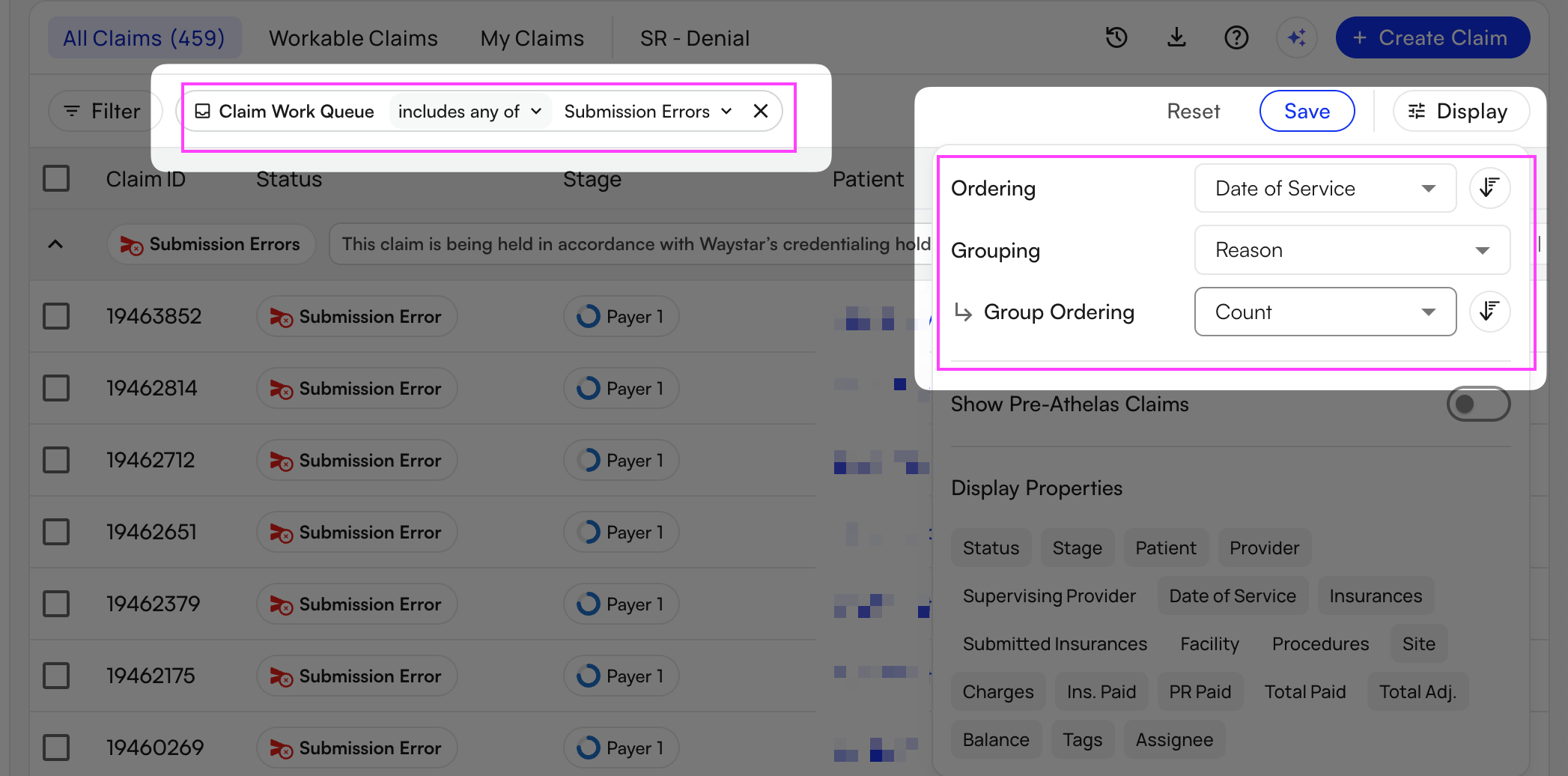 A single work queue grouped by reason for an individual biller