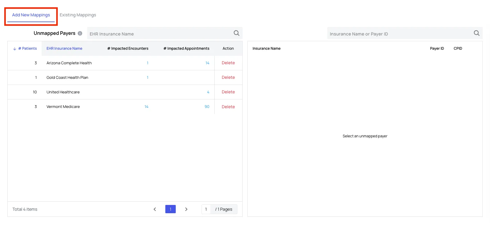 The Payer Mapping page with the Add New Mappings tab selected and four unmapped payers listed