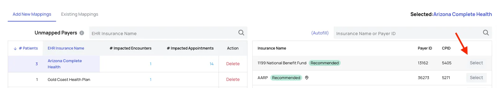 The right panel listing candidate payer records with Recommended tags, Payer ID, CPID, and a Select button on each row