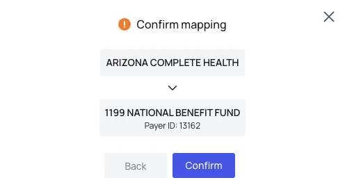 The Confirm mapping dialog showing an EHR insurance name mapped to a payer record and its Payer ID, with Back and Confirm buttons