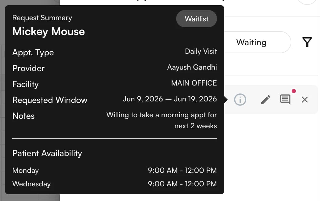 Hover icon reveals waitlist entry details
