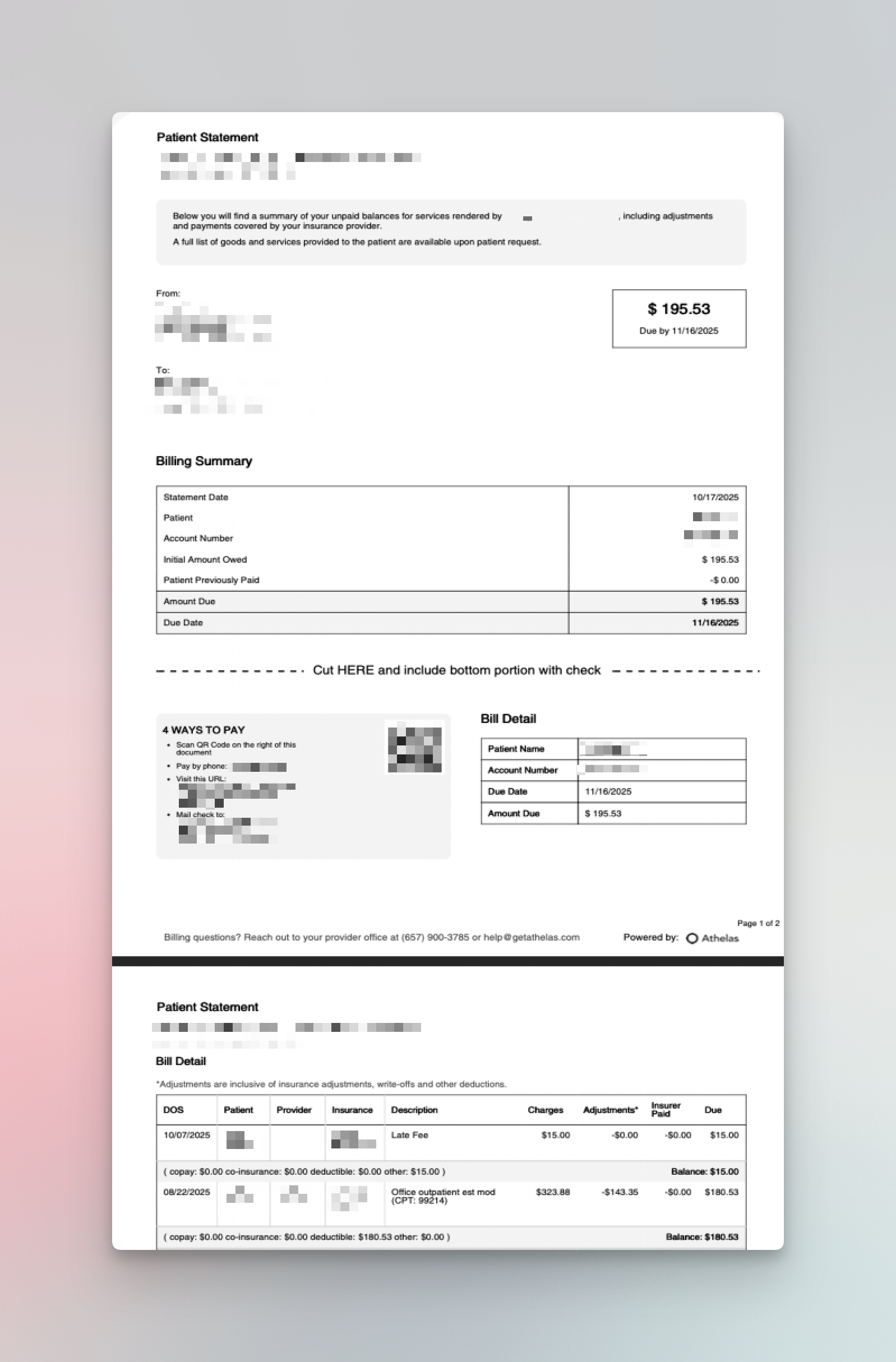Redesigned patient statement in black and white format showing billing summary and payment details