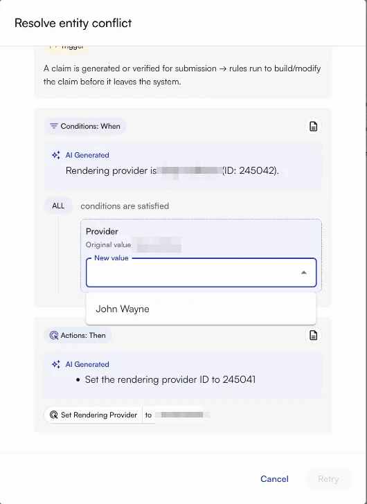 The Resolve entity conflict dialog, showing a Provider condition with its original value and a New value list of providers at the target site