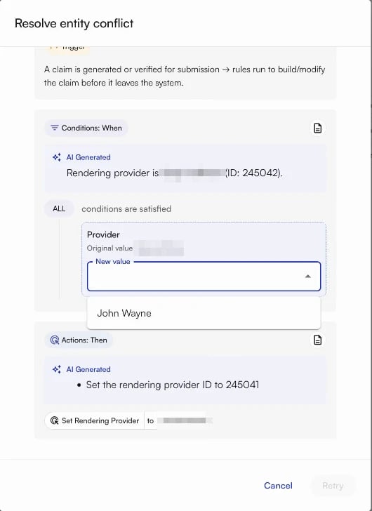 The Resolve entity conflict dialog, showing a Provider condition with its original value and a New value list of providers at the target site