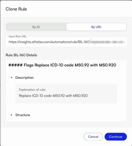 The Clone Rule dialog with a rule found by URL and a preview of that rule's name and description