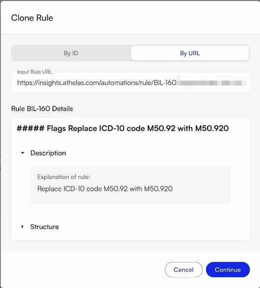 The Clone Rule dialog with a rule found by URL and a preview of that rule's name and description