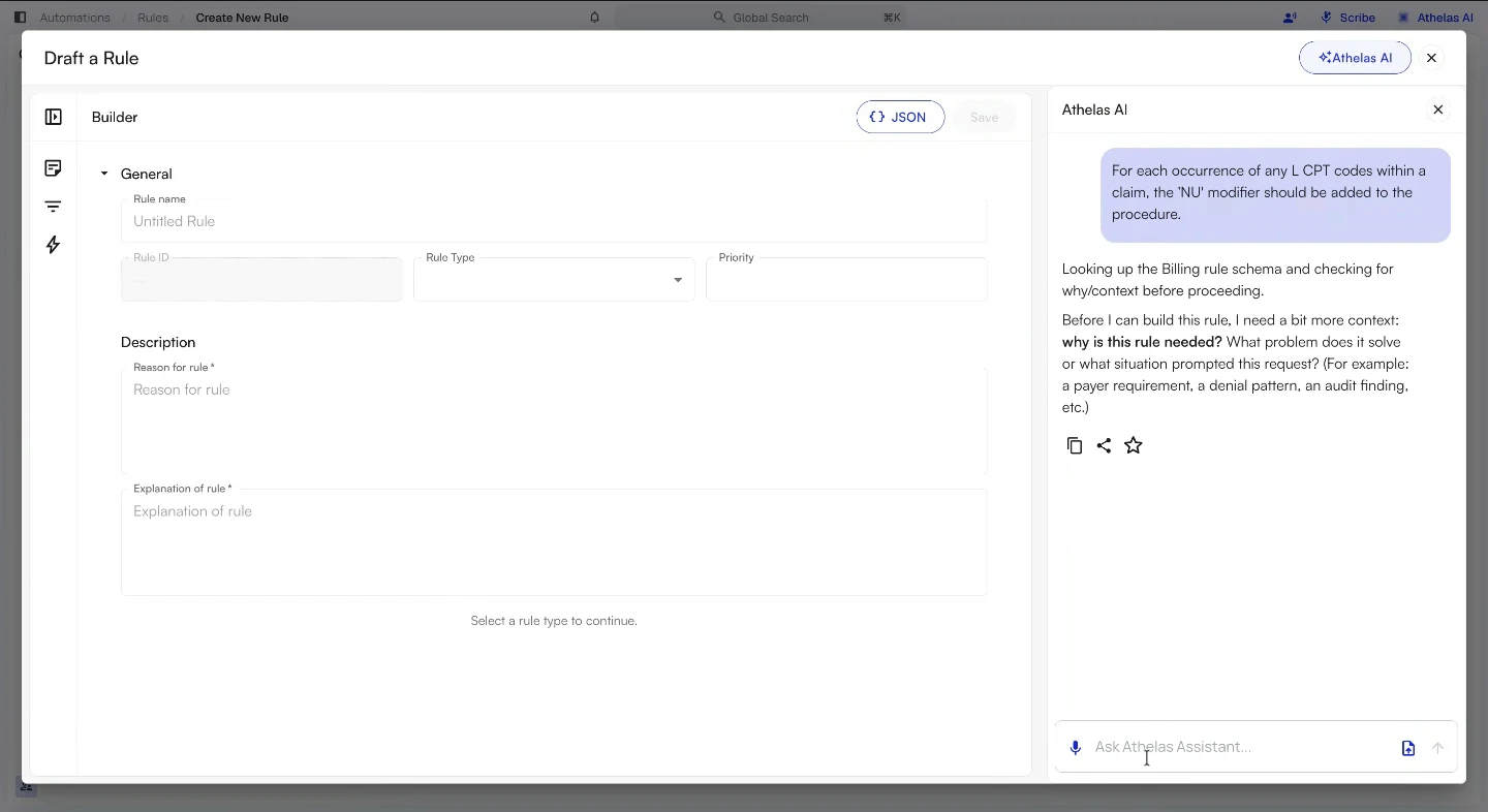The rule builder titled Draft a Rule, showing the General and Description sections, a prompt to select a rule type, and the Athelas Assistant panel open alongside