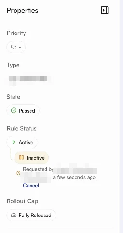 The Rule Status property showing Active, with a pending request to make the rule Inactive and a Cancel link beneath it