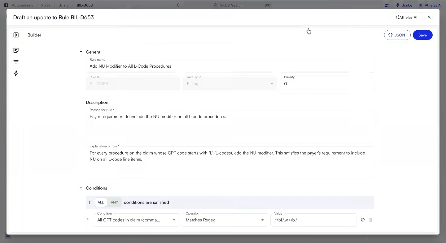 The edit view titled Draft an update to Rule, with the General, Description, and Conditions sections