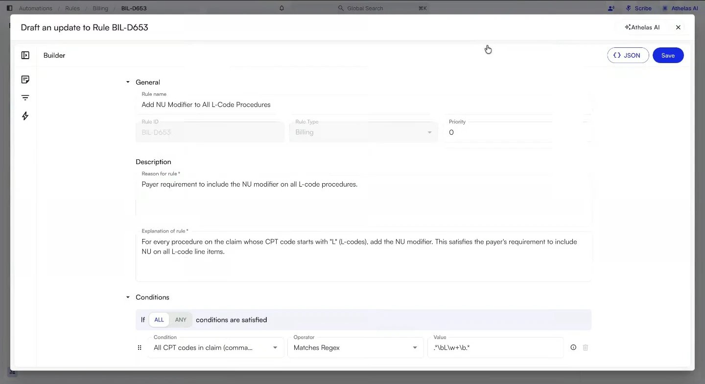 The edit view titled Draft an update to Rule, with the General, Description, and Conditions sections