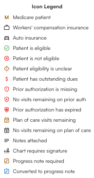 Calendar icon legend listing appointment and eligibility icons