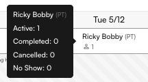 Appointment block showing stage counts in the hover tooltip