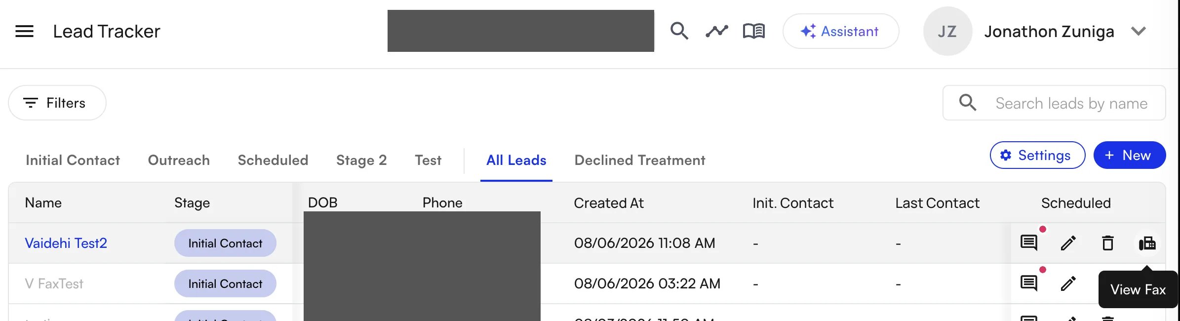 A Lead Tracker row for a fax-generated lead, with the View Fax action that opens the source document