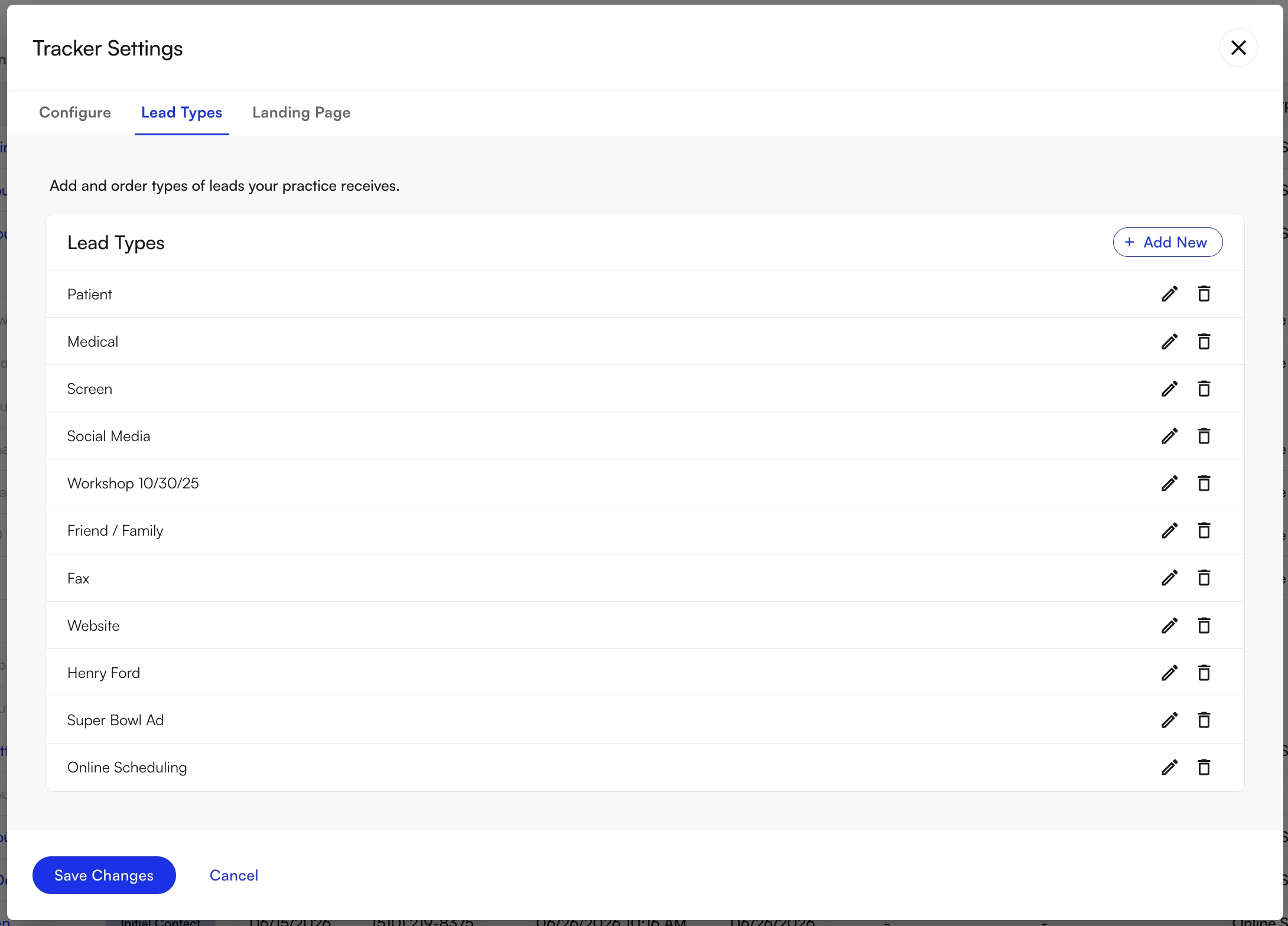 The Lead Types tab in Tracker Settings, listing the lead types configured for a site