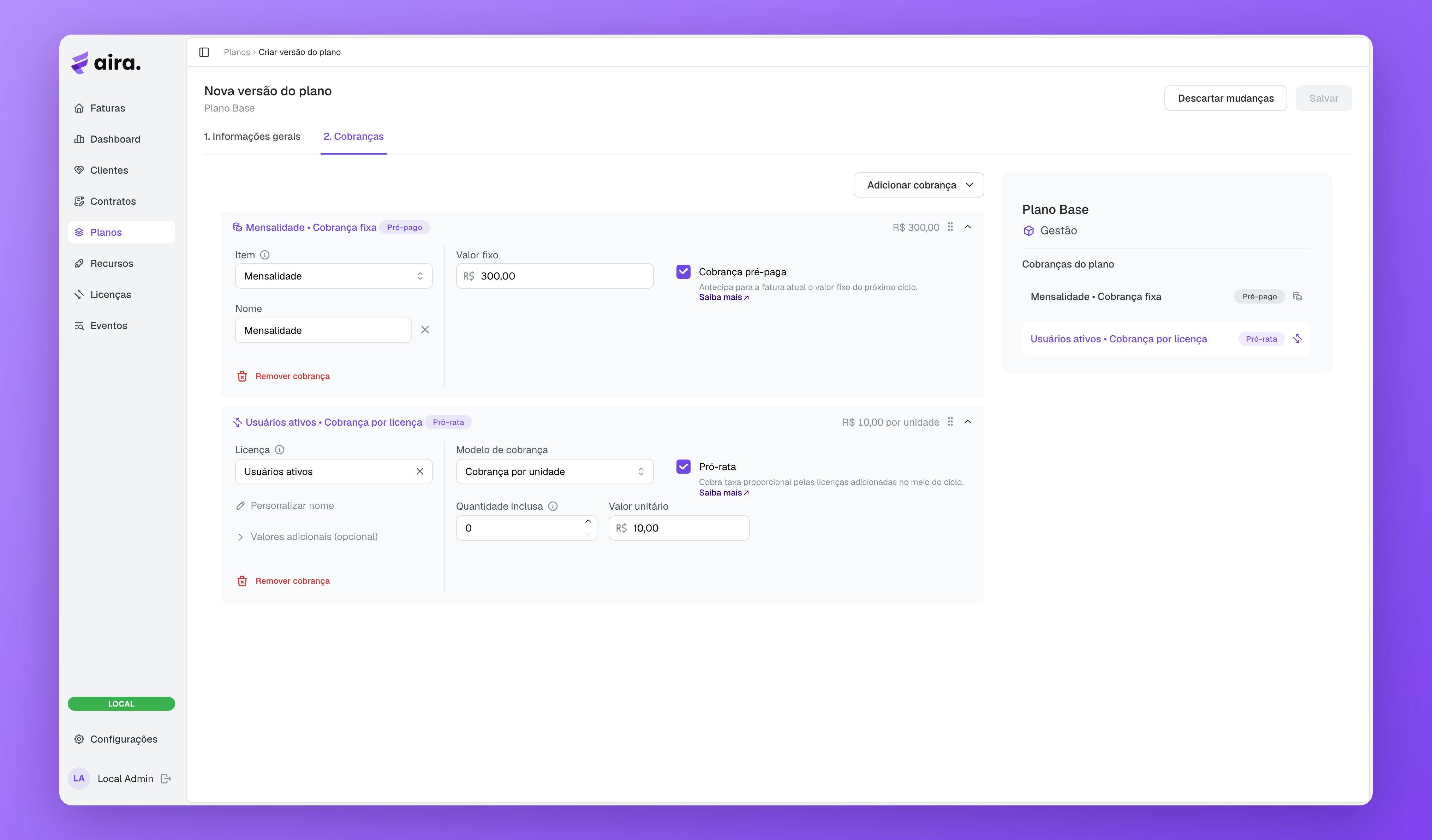 Aira — Cobrança por licença no plano, com a caixa pró-rata marcada ao lado do modelo de cobrança