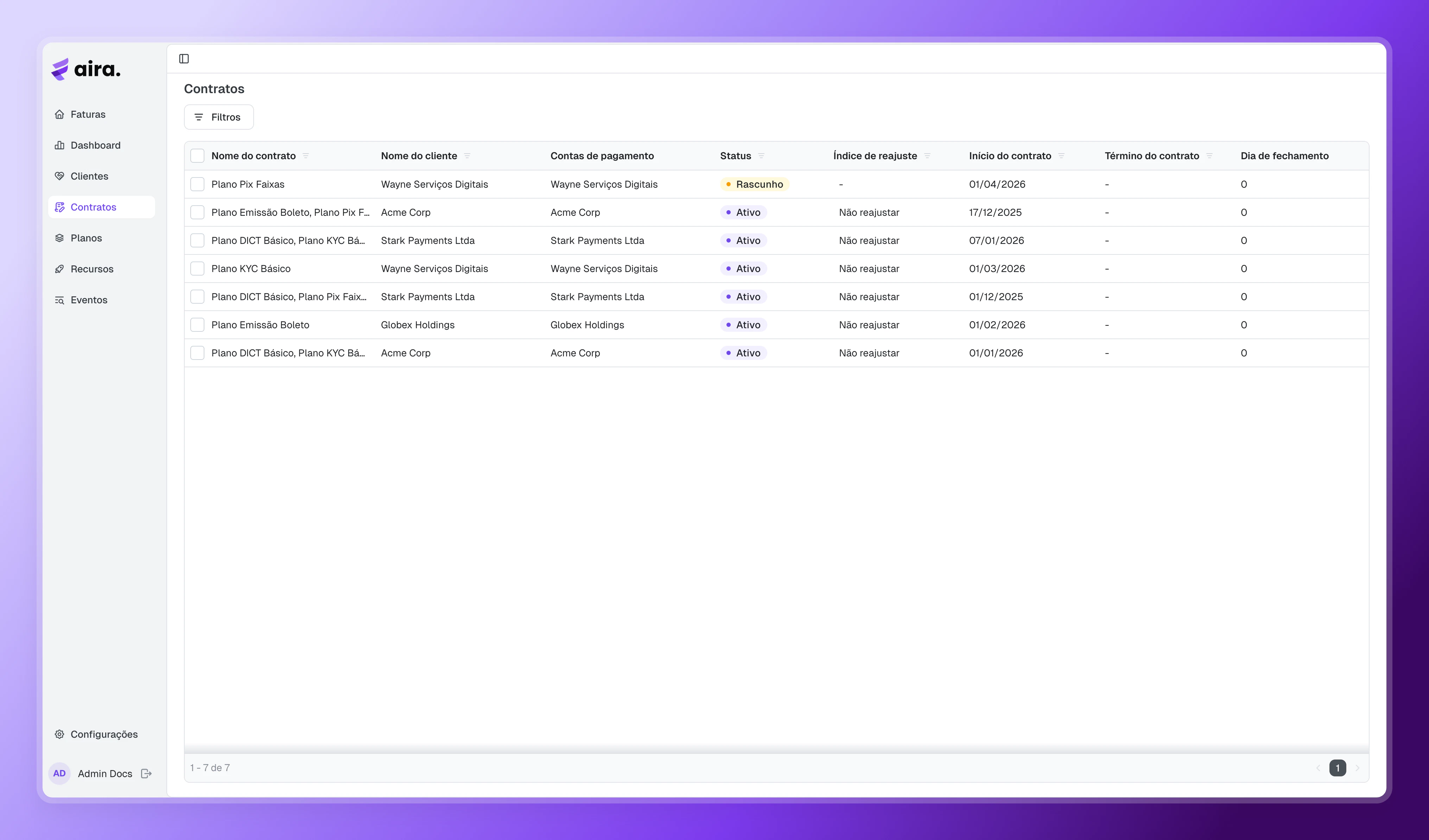 Aira — Listagem de contratos