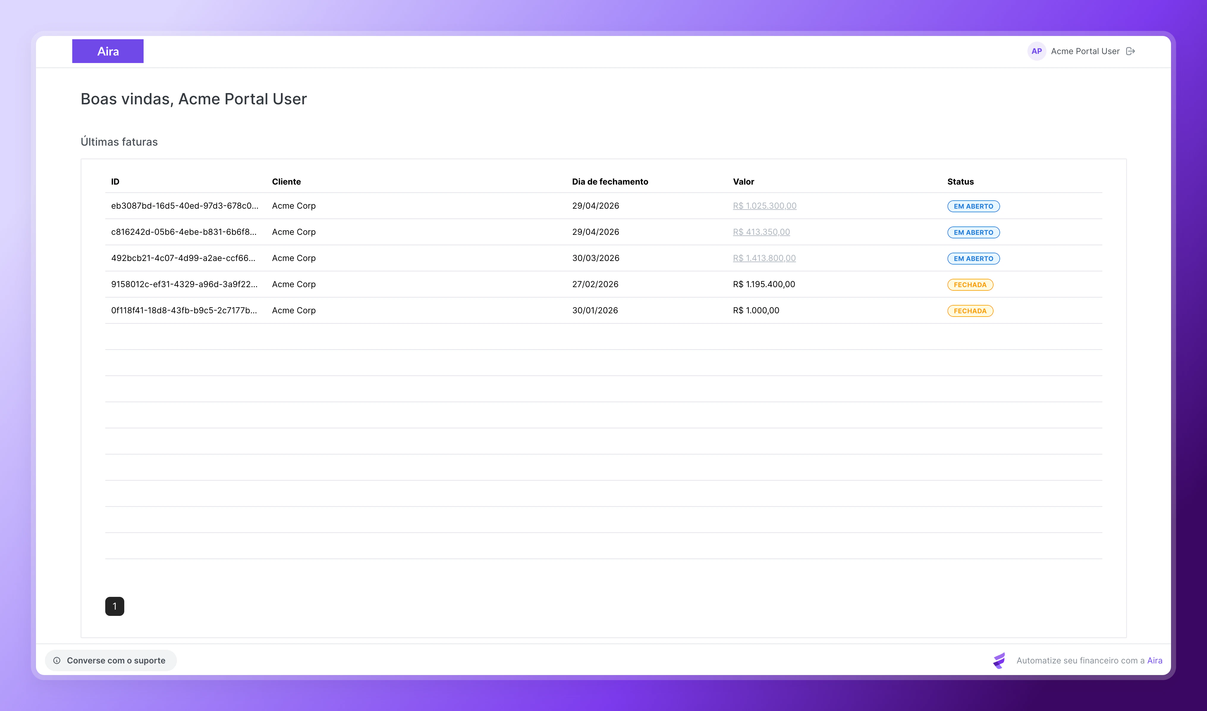 Portal do Cliente — Listagem de faturas
