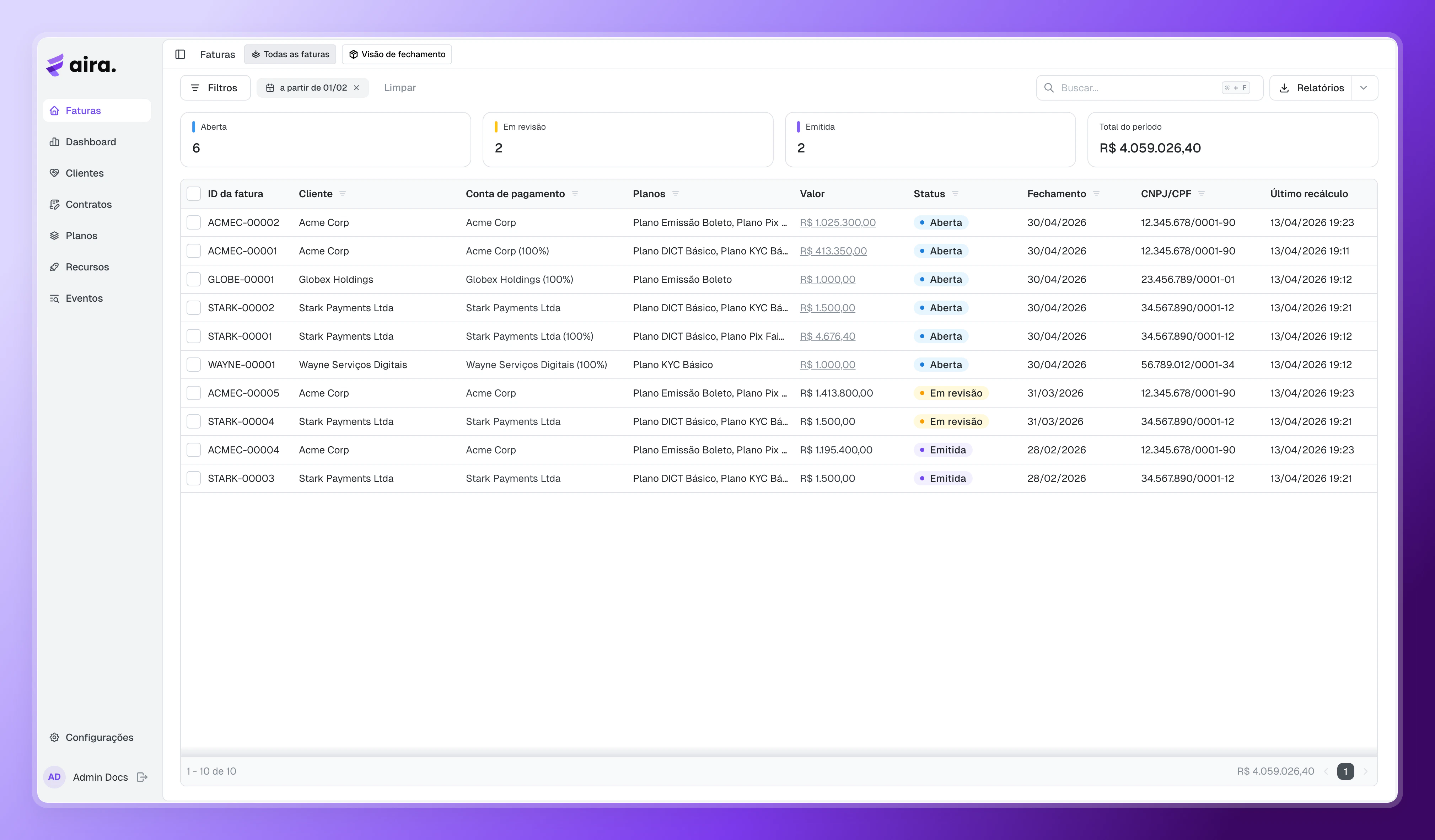 Aira — Visão geral de faturas