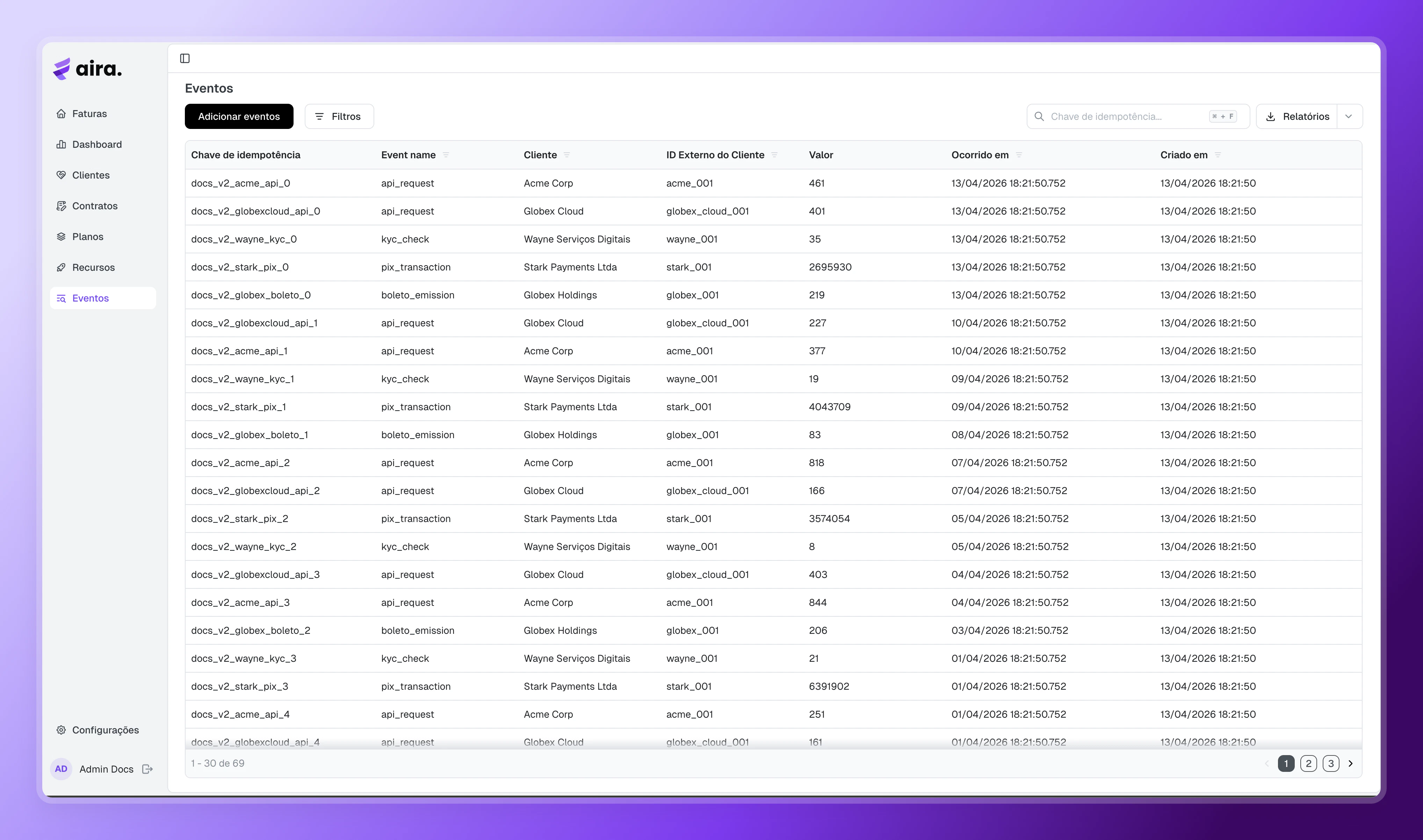 Aira — Listagem de eventos