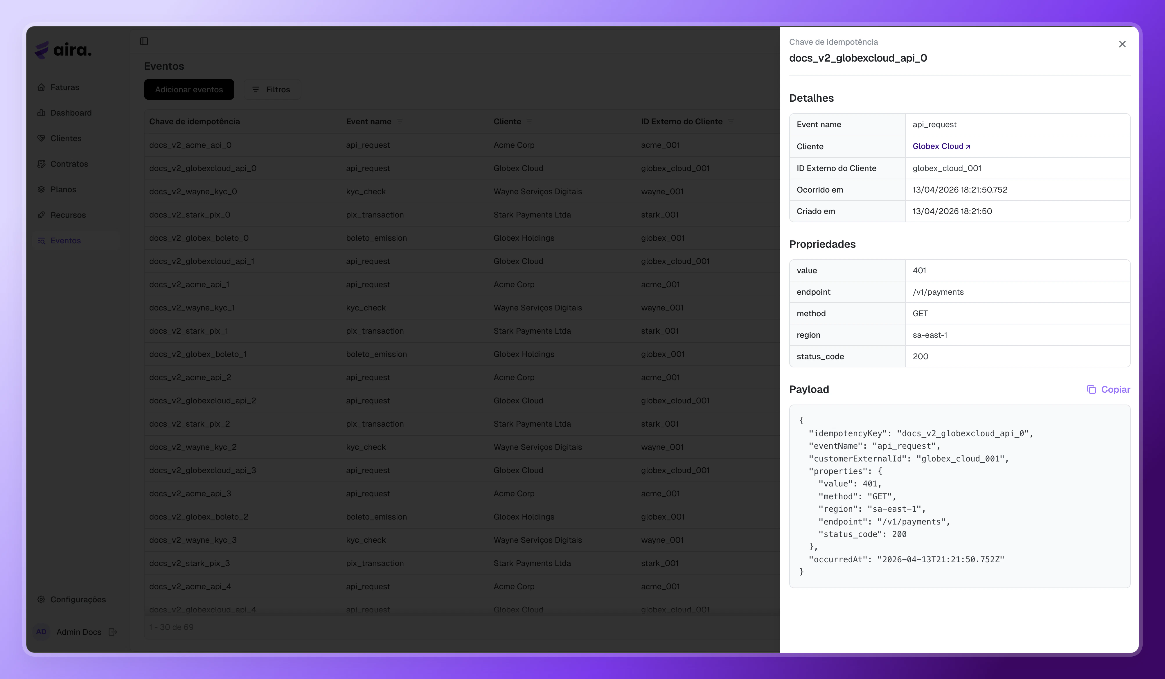 Propriedades de um evento no Dashboard da Aira