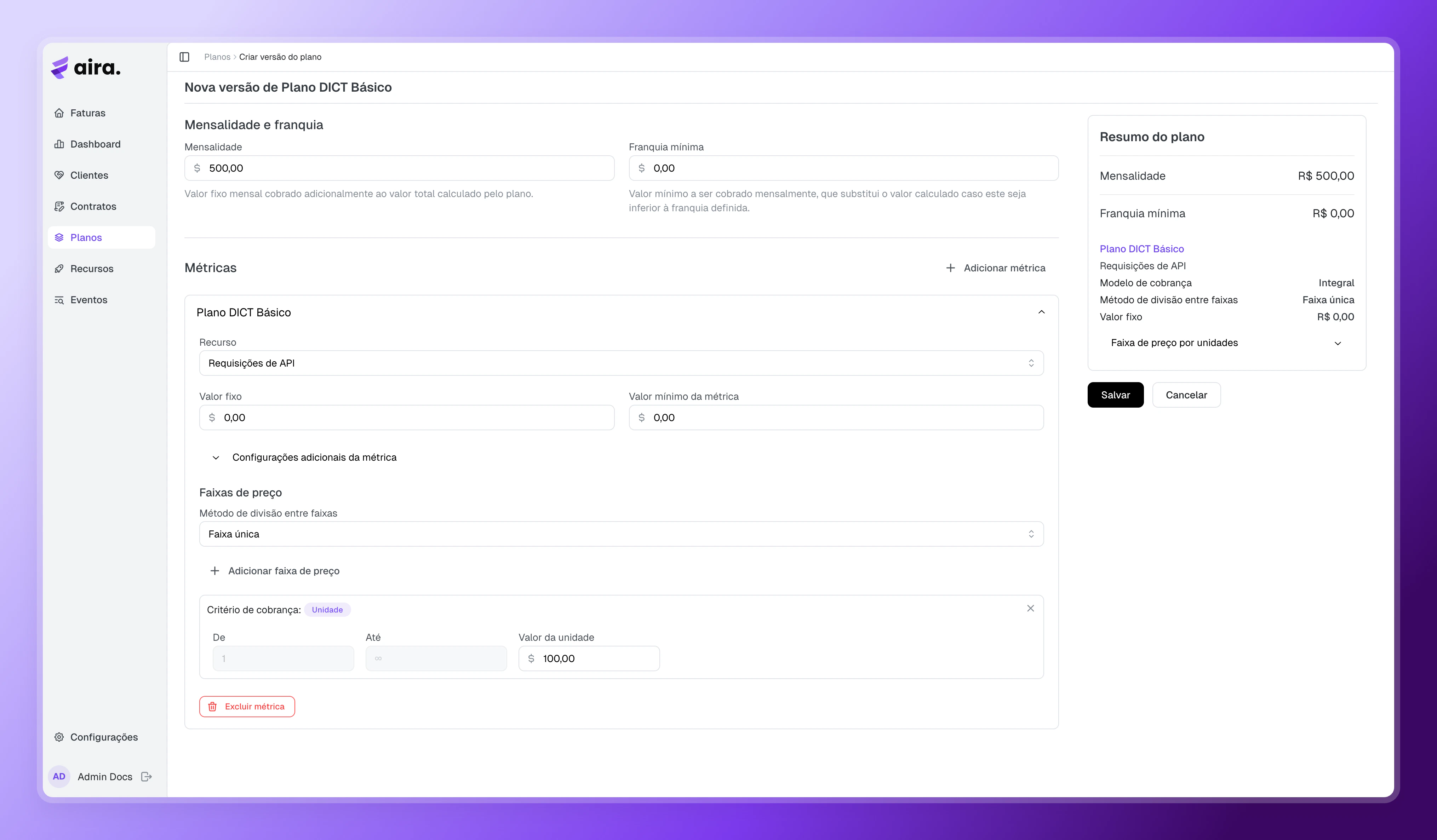 Aira — Configuração de métrica e faixas de preço em um plano