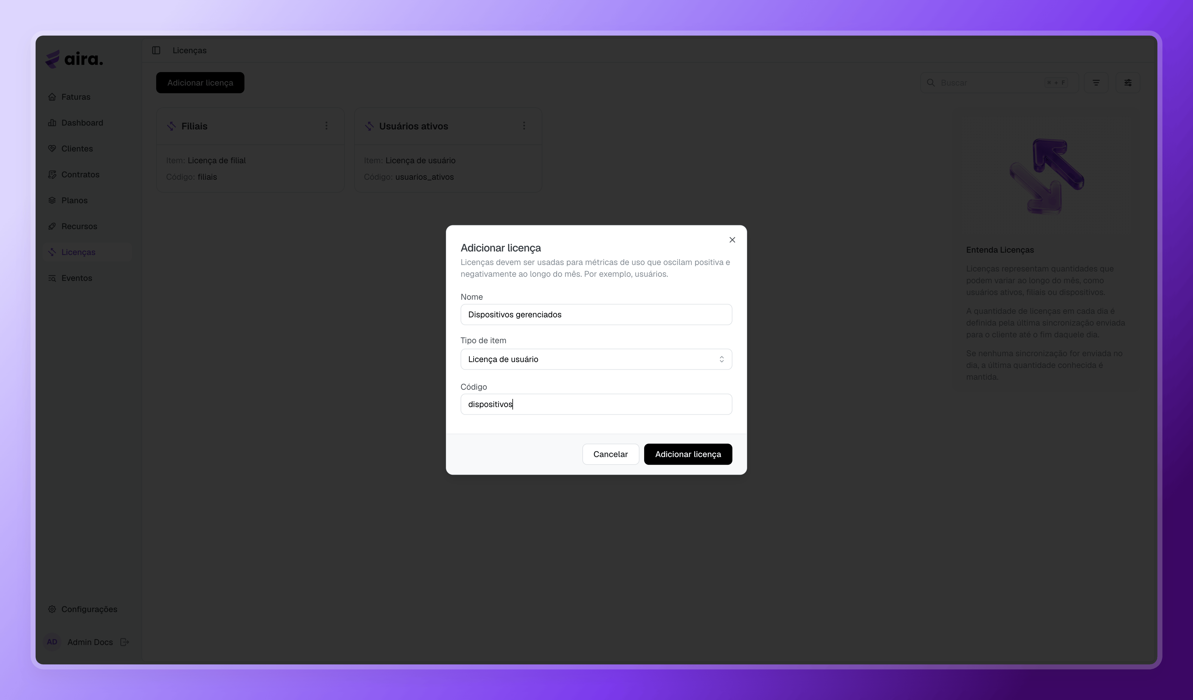 Aira — Modal de criação de licença, com Nome, Tipo de item e Código