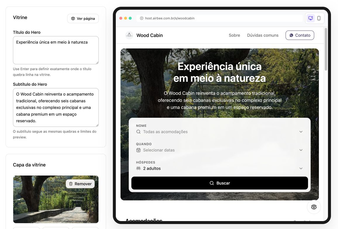 Configuração da vitrine pública com conteúdo de destaque e prévia da busca de acomodações