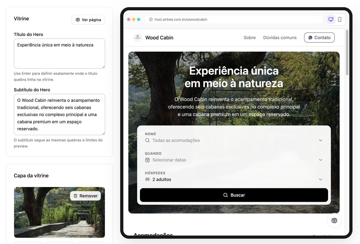 Configuração da vitrine pública com conteúdo de destaque e prévia da busca de acomodações