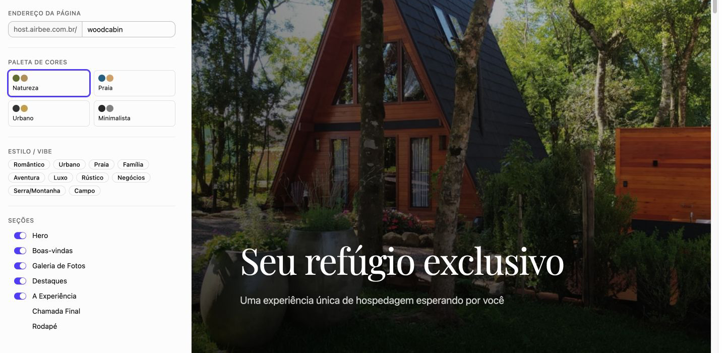 Editor de site por acomodação com endereço, paleta, estilos, seções e prévia visual